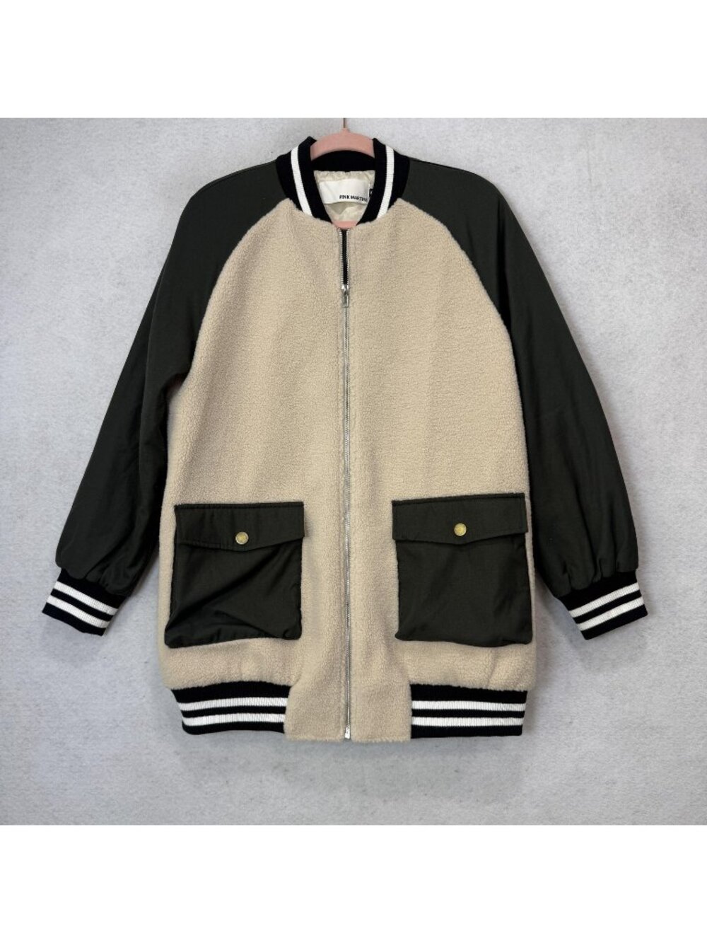 Pink Martini Jacket Womens XS Beige Fleece Varsity Bomber Zip Pockets JK-11893